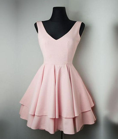 Satin V Neck Pink Short Prom Dress