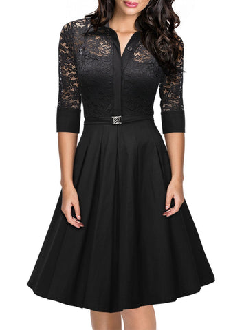 3/4 Sleeve Black Lace Flare A-line Dress