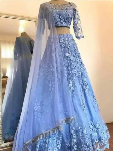 Princess Tulle Scoop 3/4 Sleeves Floor-Length Two Piece Dresses with Applique
