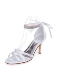 Fashionable Satin Upper Open Toe Stiletto Heels Wedding Shoes With Beads