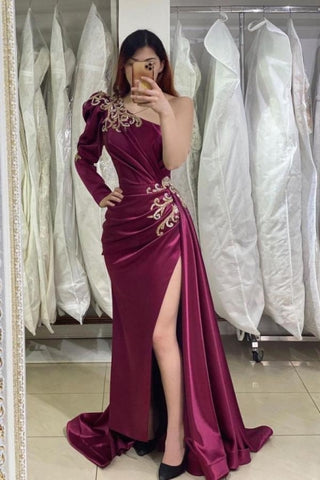 One Shoulder Satin Burgundy Long Sleeve Prom Dress