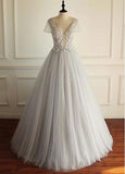 Beaded Lace Appliques Tulle V-neck Gray A-line Wedding Dress