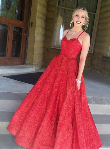 Ball Gown Spaghetti Straps Long Sexy Red Sequins Prom Dress