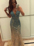 Mermaid V-neck Beading Blue Backless Prom Evening Dress