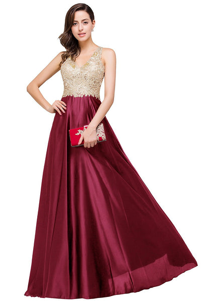 V Neckline A-line Backless Long Black and Gold Evening Dresses – Sassymyprom