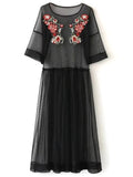 Black See Thru Tulle Embroidered Maxi Dress