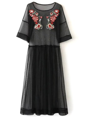Black See Thru Tulle Embroidered Maxi Dress