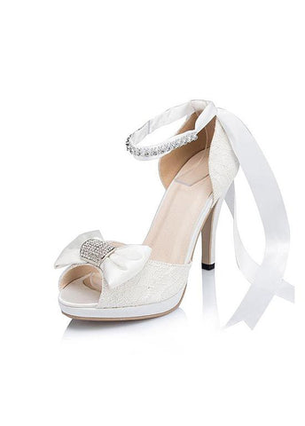 Chic Lace Upper Open Toe Stiletto Heels Wedding/ Bridal Party Shoes With Bow & Rhinestones