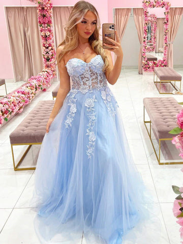 Blue Sheer Tulle Sexy Flower Appliques Prom Dress