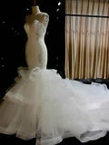 Slim Mermaid Tiered Tulle Bateau Crystal Beading Cathedral Wedding Dress