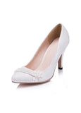 Simple Lace Upper Closed Toe Stiletto Heels Wedding/ Bridal Party Shoes With Pearls & Lace Flower