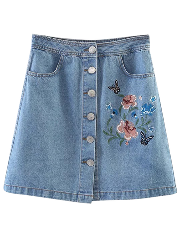 Embroidered Single-Breasted Denim Skirt