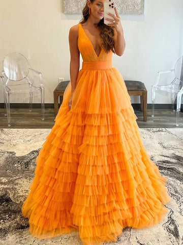 Orange Tulle Ruffles A Line V Neck Prom Dress
