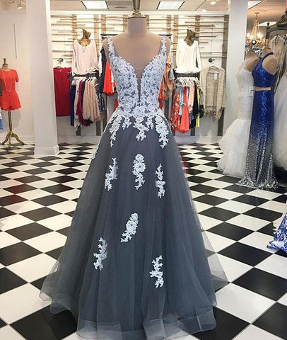 Gray Tulle A-Line Lace Long Prom Dress