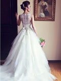 See-Through Beading Back Bateau Neck Tulle A-Line Wedding Dress