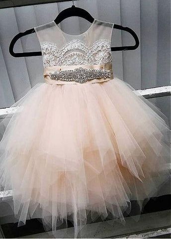 Cute Tulle Jewel Neckline Tea-length Ball Gown Flower Girl Dresses With Lace Appliques