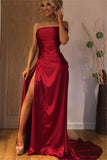 Satin Side-Slit Long Red Strapless Evening Prom Dress