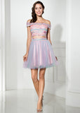 Attractive Tulle Off-the-shoulder Neckline A-Line Short Homecoming Dresses With Beadings