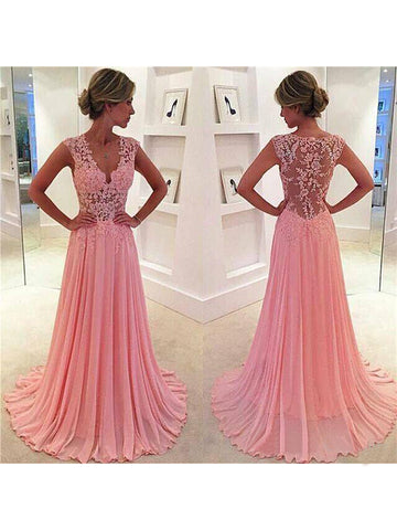 Chiffon Lace V-neck Pink Pom Dresses