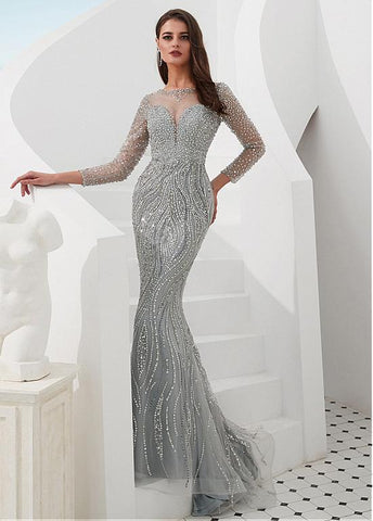 Tulle Jewel Silver Beading Mermaid Evening Dress