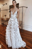 Unique Tulle V Neck Long A-Line Floral Wedding Dress