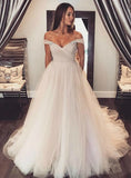 Tulle Sleeves Blush Off Shoulder Wedding Dress Colorful Bridal Dress