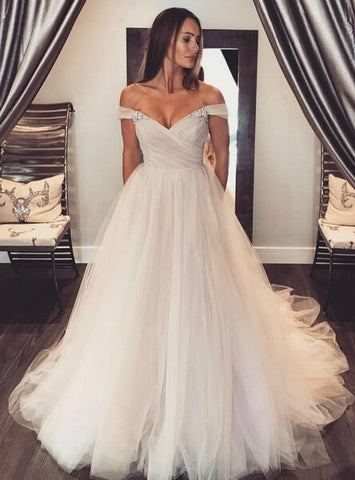 Tulle Sleeves Blush Off Shoulder Wedding Dress Colorful Bridal Dress