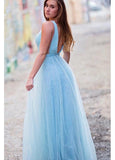 Sequin Tulle V-neck Beadings Floor-length A-line Prom Dress