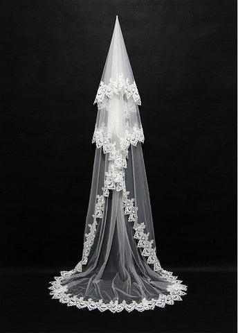 Beautiful Tulle Cathedral Wedding Veil With Lace Applique Edge