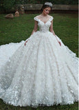  Lace Off-the-shoulder 3d Flowers Ball Gown Wedding Dress