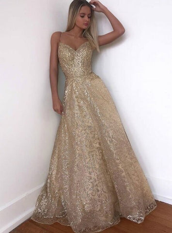 A-Line Gold Backless Tulle Sequins Spaghetti Straps Long Prom Dress