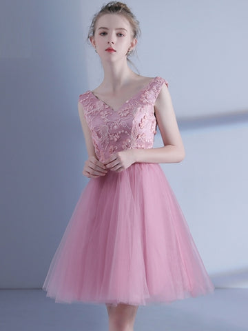  Pink Bowknot Sashes V-Neck Short Homecoming Dress