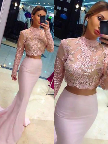 Sheath Column Long Sleeves Lace Two Piece Prom Dress
