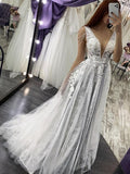 Gray Tulle V Neck Peals Sexy Appliques Backless Prom Dress