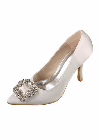 Chic Satin Upper Closed Toe Stiletto Heels Bridal Shoes With Rhinestones