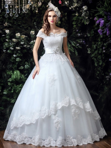 Off-The-Shoulder Lace Ball Gown Wedding Dress