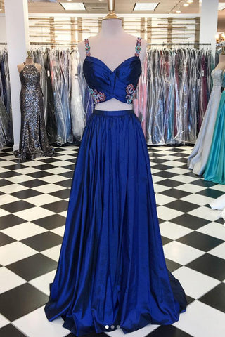Royal Blue Satin Pleats Two Piece Spaghetti Straps Embroidery Prom Dress
