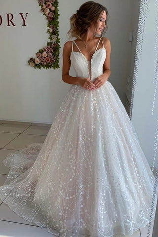 V Neck Straps A Line Beautiful Sparkle Wedding Dress