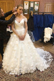3D Flowers A Line Tulle Off The Shoulder Wedding Dress