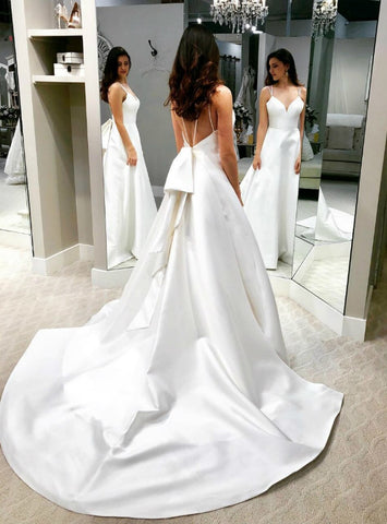 Backless A Line White Satin Double Straps Wedding Dress