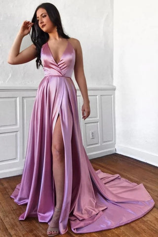 Satin A Line Sexy V Neck Pink Prom Dress With Slit