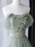 Green Tulle Floral Off The Shoulder Long Prom Dress