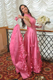 Halter Sleeveless Satin Flowers Pink A Line Prom Dress