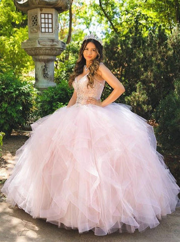 Spaghetti Straps Pink Ball Gown Quinceanera Dress with Beading