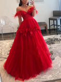 Tulle Floral Off Shoulder Red Feather Long Prom Dress