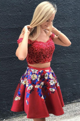 Two Piece Burgundy Satin Homecoming Dress with Embroidery