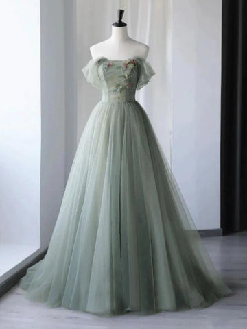 Green Tulle Floral Off The Shoulder Long Prom Dress