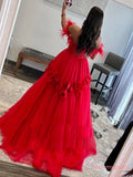 Tulle Floral Off Shoulder Red Feather Long Prom Dress