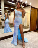 Blue One Shoulder Lace Corset Back Prom Dress With Split