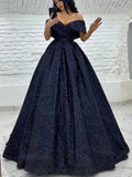 Off Shoulder Navy Blue Sequin Sparkle Prom Dress